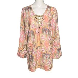 Marrakech Linen Tunic Dress Lace Up Pink Beige Beach Cover Up Pockets Size M
